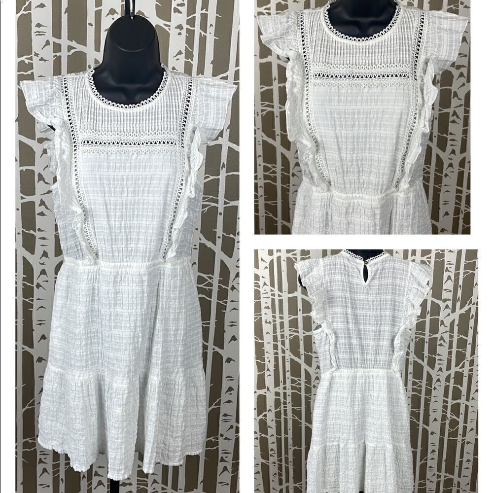 Boho White Cotton Textured Gauze Ruffle & Crochet Lace Trimmed Dress sz M